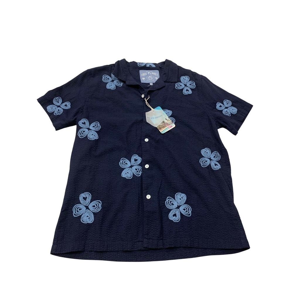 Free Planet Button Down Shirt Mens Medium Navy Blue Seersucker Floral Coastal